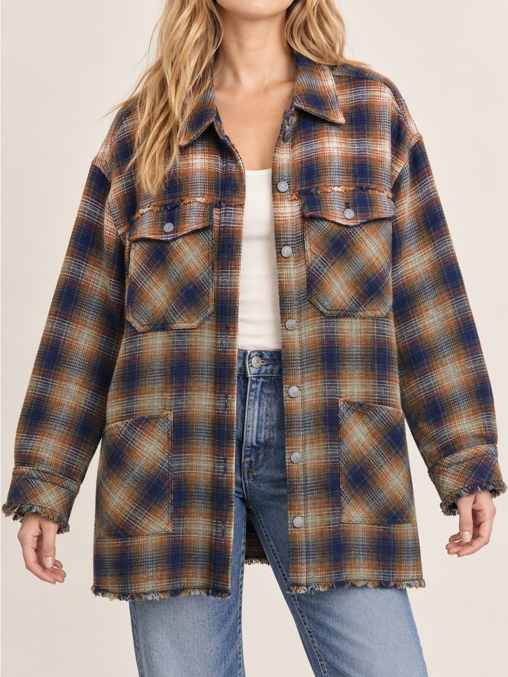 NWT We The Free Womens Shacket Shirt Jacket Navy Tobacco Combo Anneli Plaid XL
